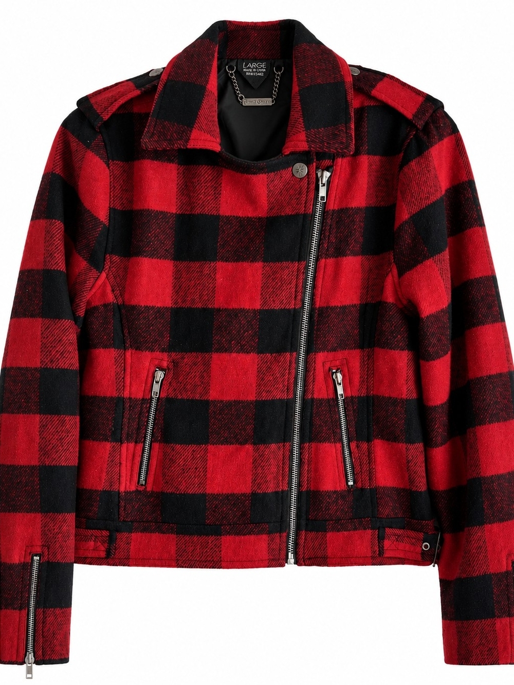 Fatal Charm Buffalo Plaid Moto Jacket Red Black Biker Coat Large Grunge